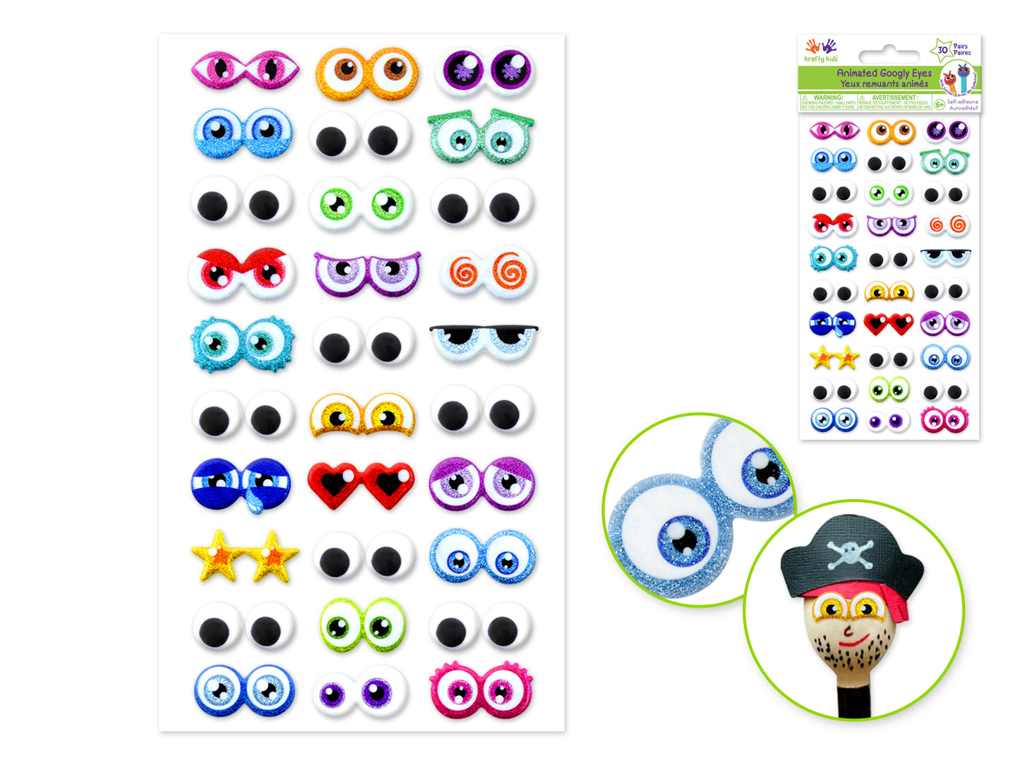 Self-Stick Googly Eyes: Animation Glitter & Googlies 30 Pairs A) Cartoon