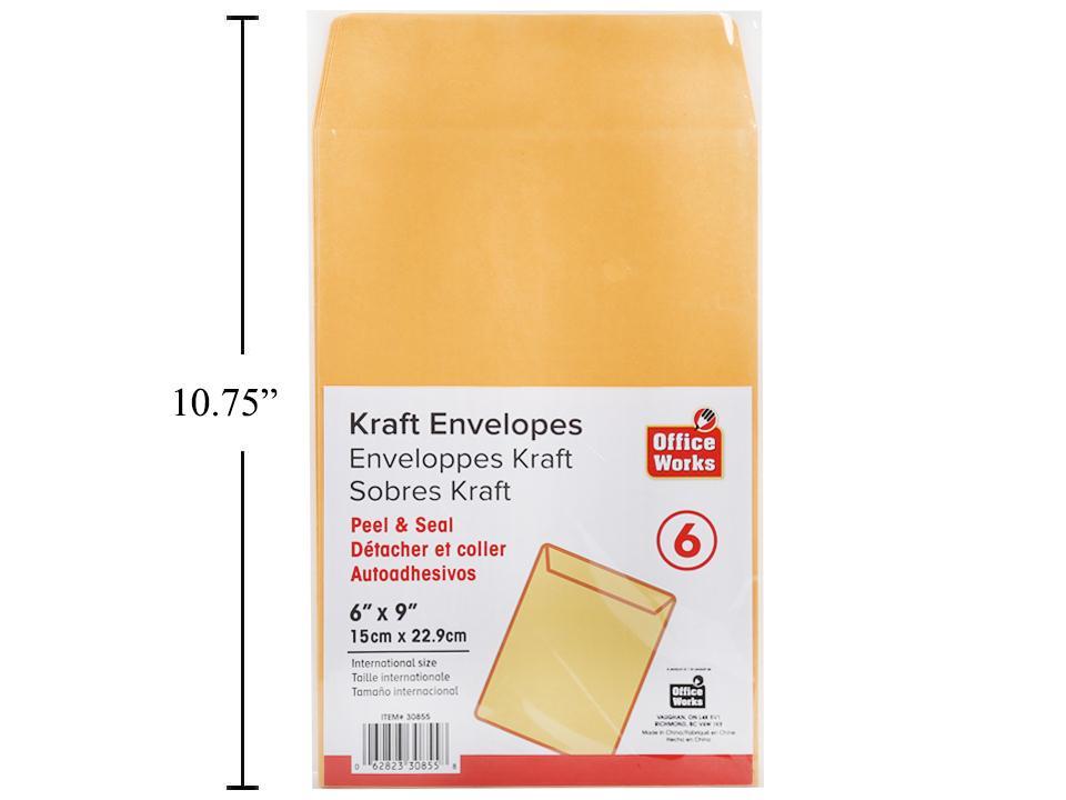 O.WKs. 6-pc 6"x9" Kraft Envelopes Peel & Seal, bag