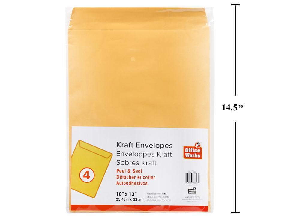 O.WKs. 4-pc 10x13" Kraft Envelopes Peel & Seal, bag