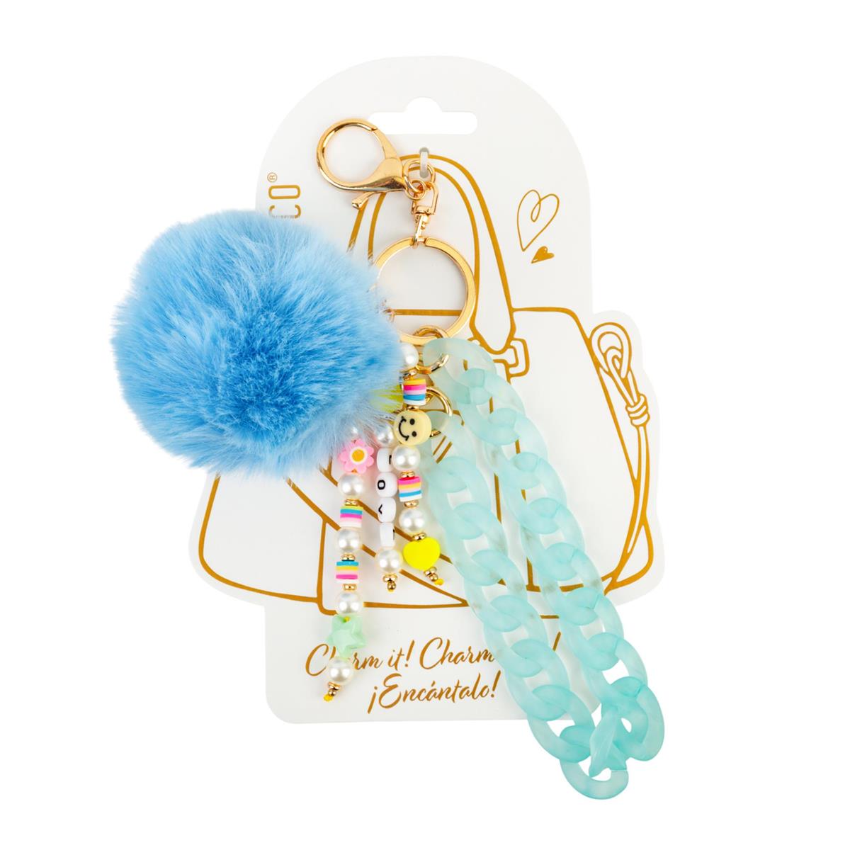 Bodico, Blue Chain Bag Charm w Pom & Beads, hc