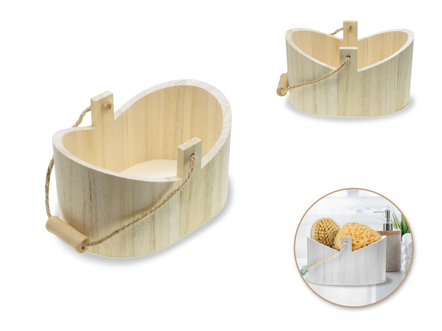 Wood Craft: 6.3"x3.5"x4.4" Oval Tub Basket w/Jute Cord + Wood Handle