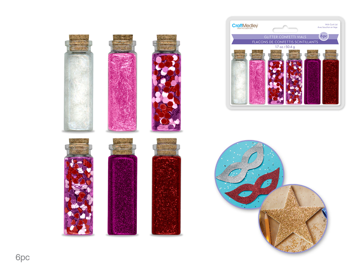 Craft Medley: 50.4g Glitter/Confetti Vials Asst w/Cork Lid (6x8.4g) C) Rouge