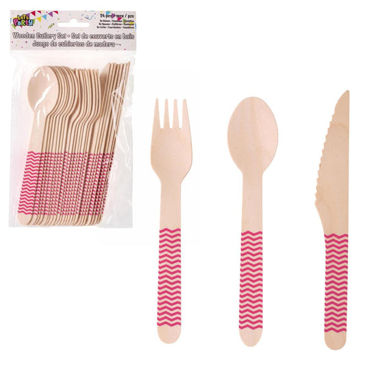 Let's Party 24pcs. Wooden Cutlery set. Hot Pink