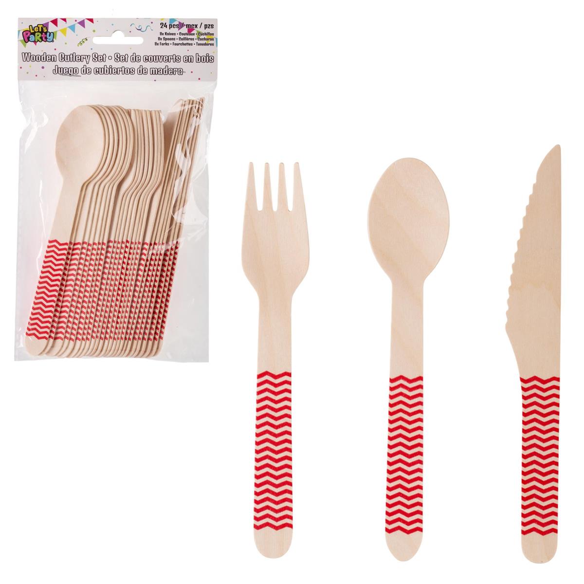 Let's Party 24pcs. Wooden Cutlery set. Red