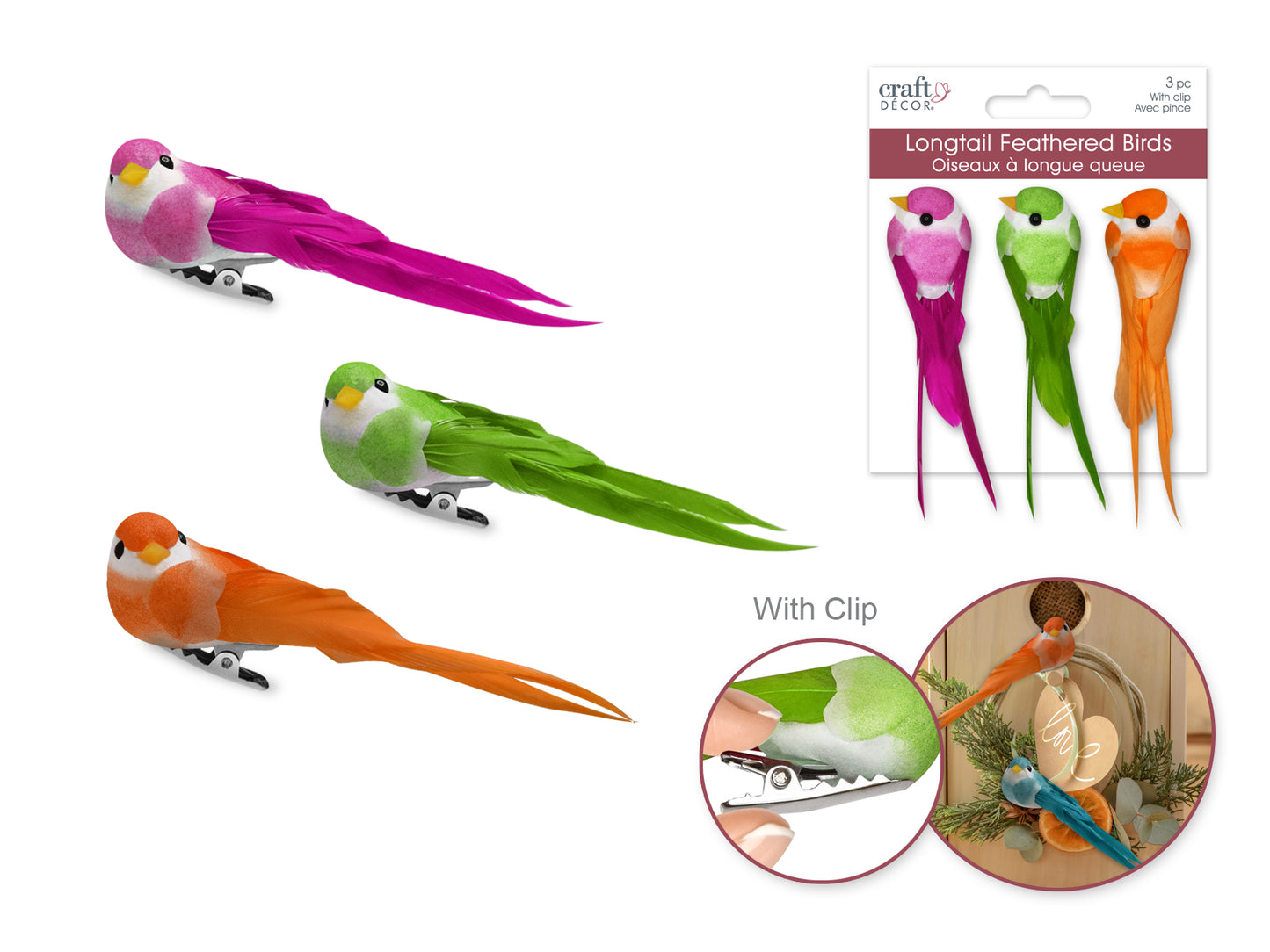 Craft Decor: 3.25" Mini Longtail Bird x3 w/Gator Clip B) Tropical