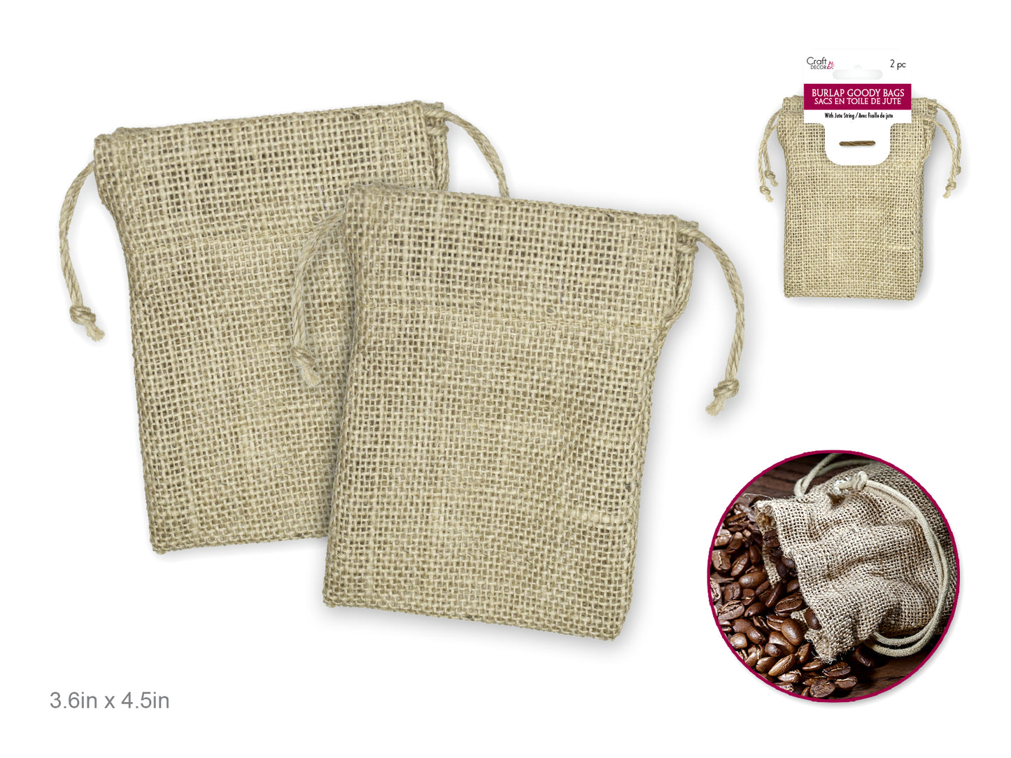 Craft Decor: 3.6"x4.5" Burlap Goody Bags x2 w/Jute String A) Cream
