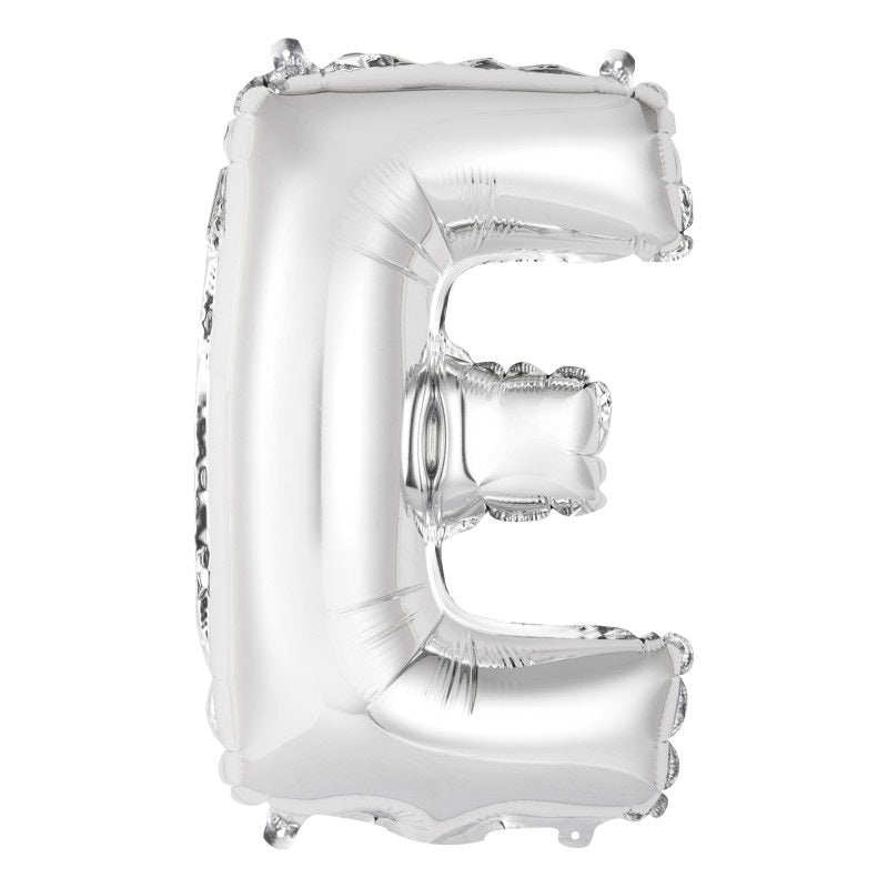 Silver Letter E Shaped Foil Balloon 14"  Packaged