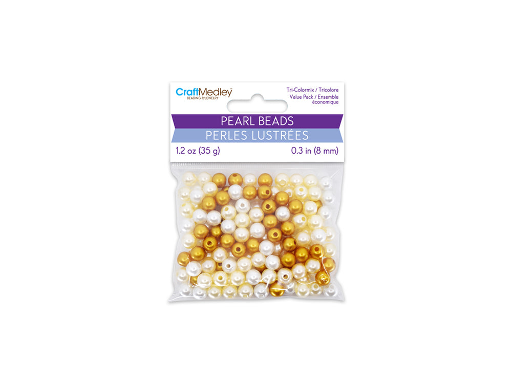 Pearl Beads: 8mm Gloss Tri-Colormix 35gms D) Gold