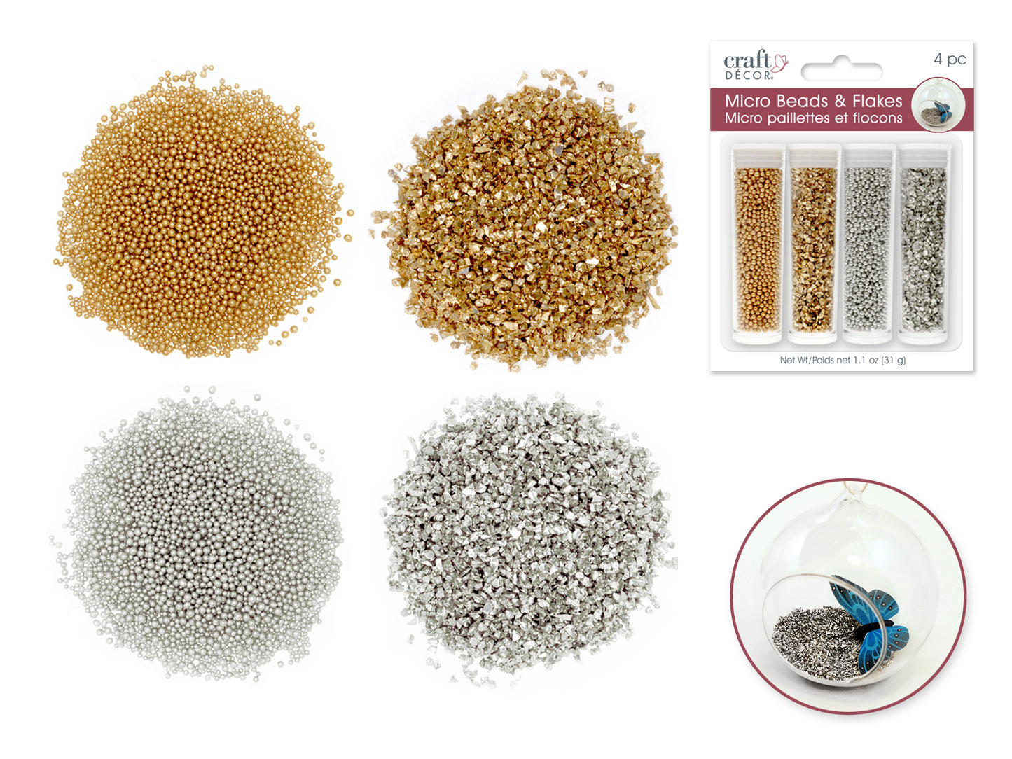 Craft Décor: Micro Beads & Deco Flakes Accent Vials x4 A) Gold/Silver