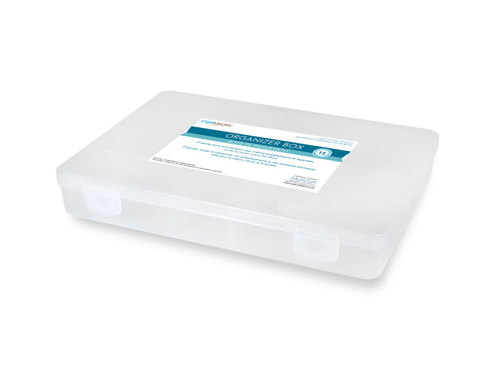 Craft Storage: 9.13"x6.5"x1.38" Organizer Box 15-Comp w/Snap-Lid