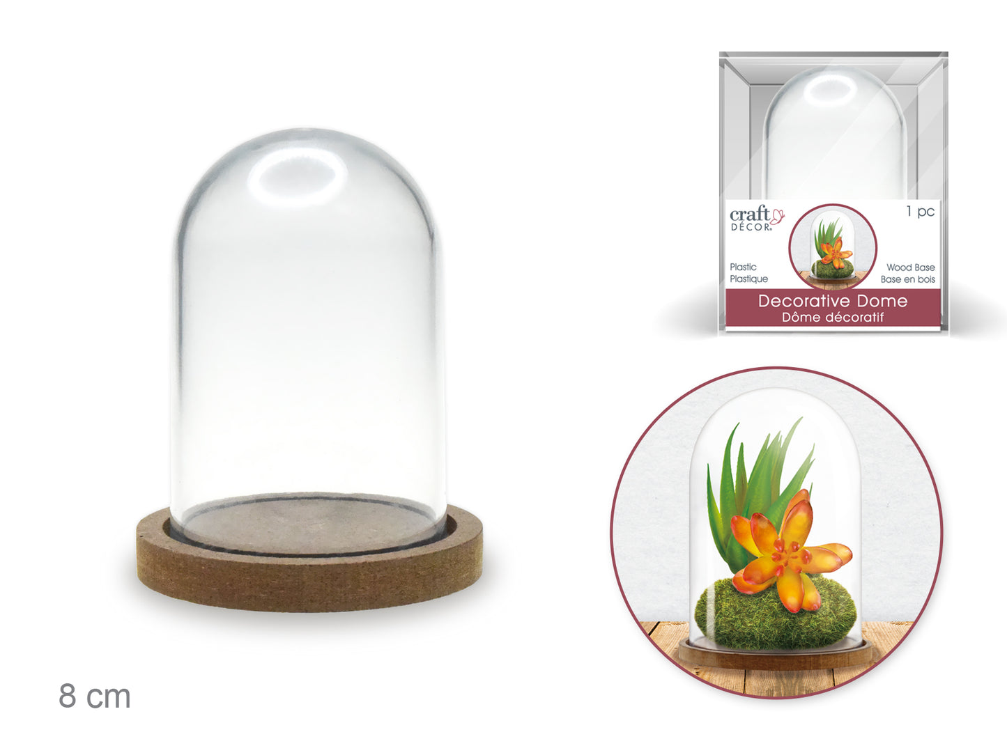 Craft Décor: 8cmx5.3cm DIY Clear Plastic Dome w/Wood Base