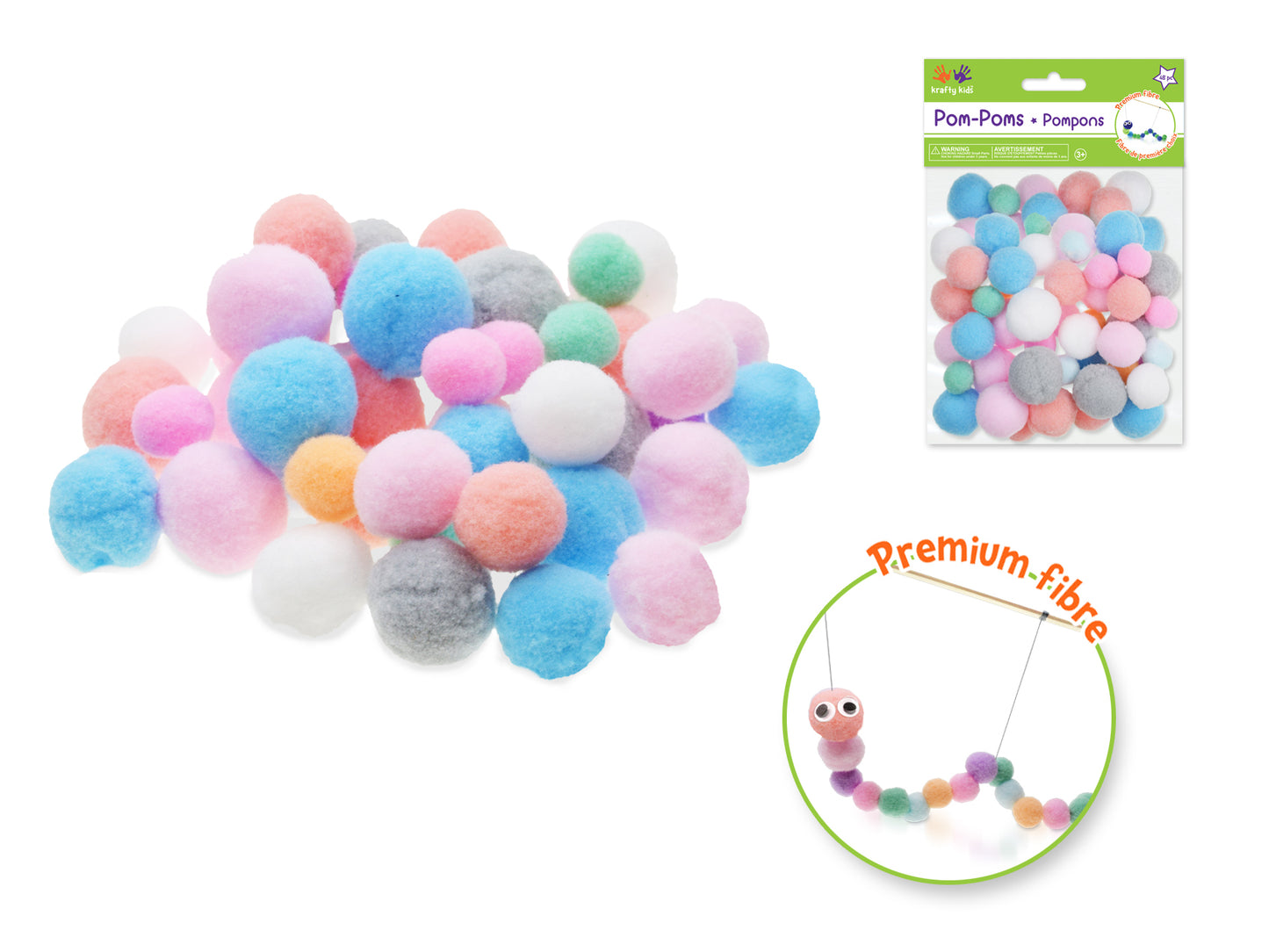 Krafty Kids: Soft-Poms x48 Asst Colors 3 Asst Sizes B) Pastels