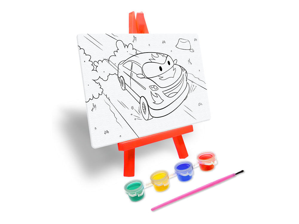 Krafty Kids Kit: 3.9"x5.9" DIY Canvas Panel on Easel w/4 Paint Pots+Brush F) Cars