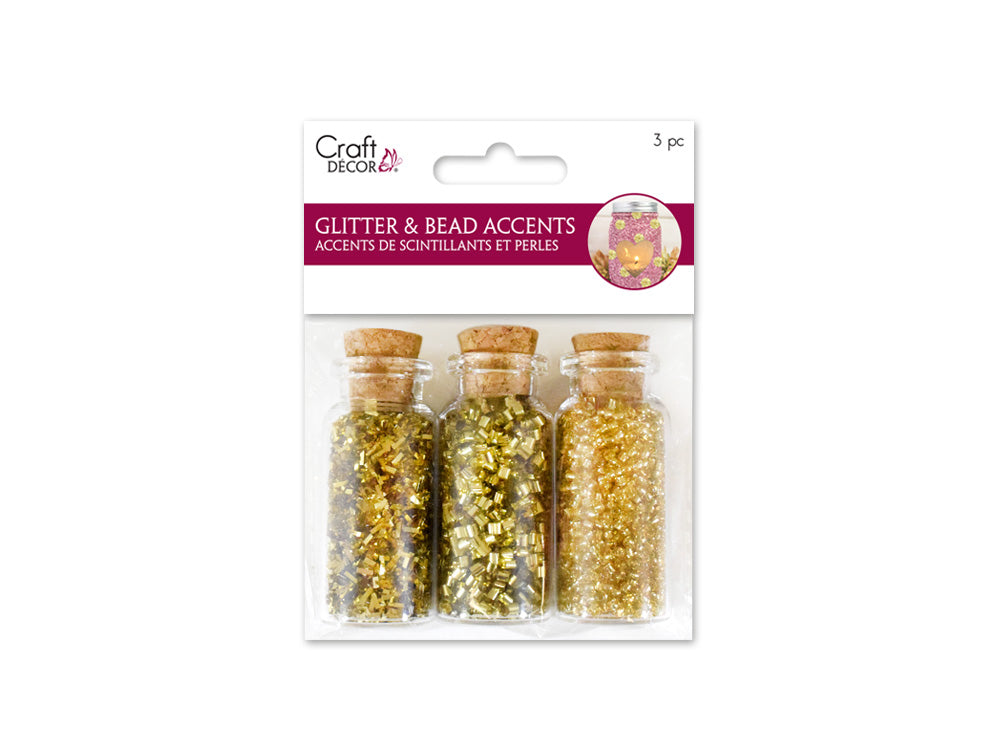 Craft Décor: Glitter & Seed Bead Accent Vials x3 A) Gold