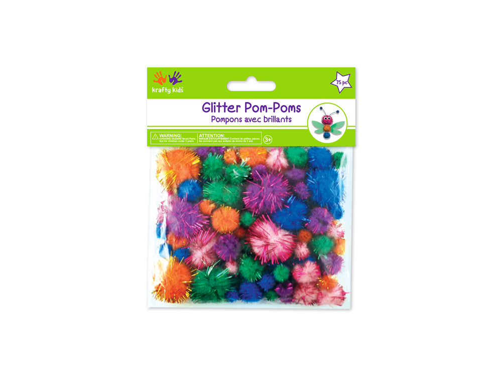 Krafty Kids: Pom-Poms Glitter Pack x75 Glamour Colors Asst Sizes