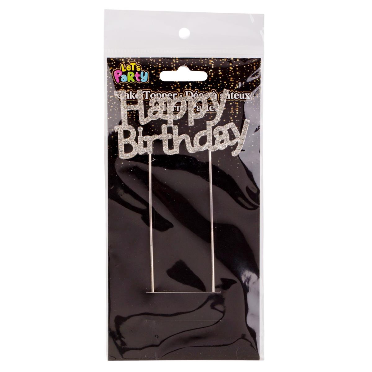 Let's Party Rhinestone Happy Bday Cake Topper 9cm, silver
