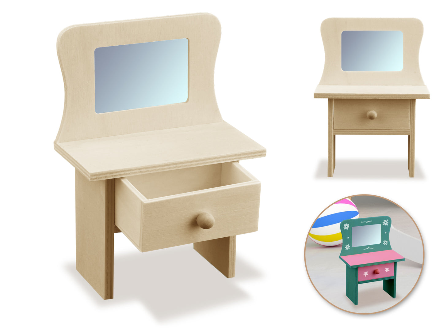 Wood Craft: 3.5"x2"x5.2" Mini DIY Dresser w/Acrylic Mirror