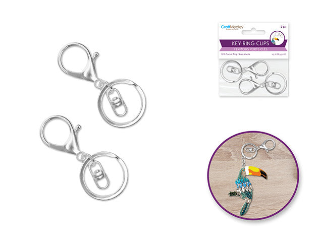 Jewelry Findings: 2.5" Key Ring Clip x2 w/Swivel Ring B) Silver