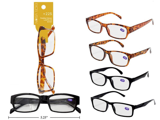 Excel Vision +225 Reading Glasses, 3 styles 2col, header card+opp bag