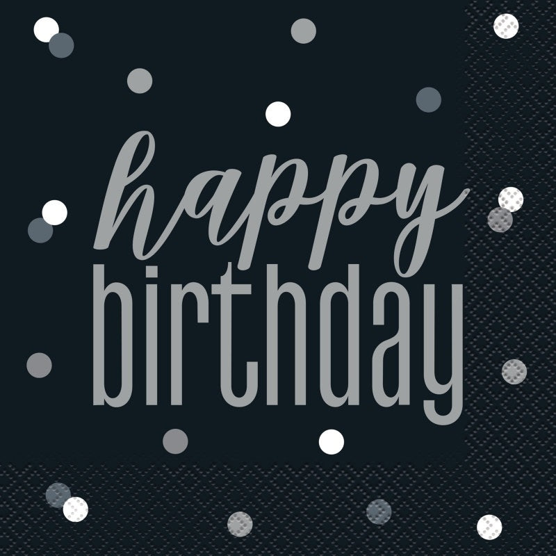 16 Glitz Black & Silver "Happy Birthday" Luncheon Napkins