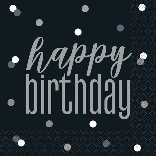 16 Glitz Black & Silver "Happy Birthday" Luncheon Napkins