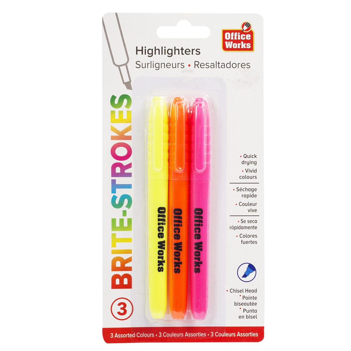 O.WKs. 3-pc "Brite" Hi-liters, Chisel Tip/Yel/Ong/Pnk