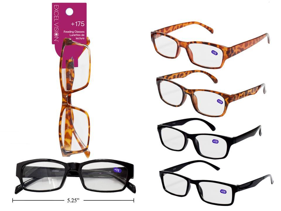 Excel Vision +175 Reading Glasses, 3 styles 2col, header card+opp bag
