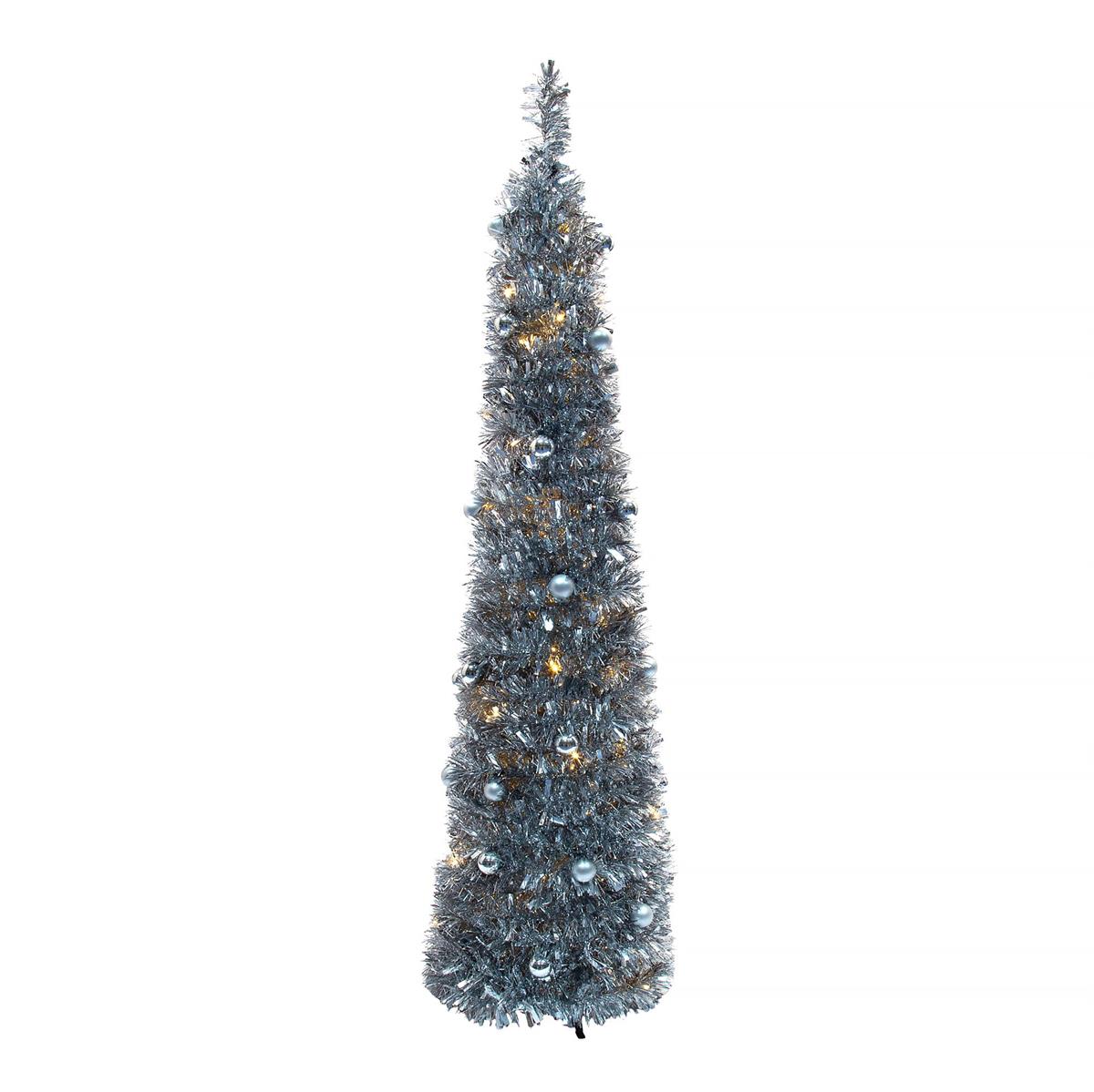 Deco N. 5ft Pop-Up Xmas Tree w/100 LED Lights & 36 balls, ETL, Silver, boxwhite box with color label