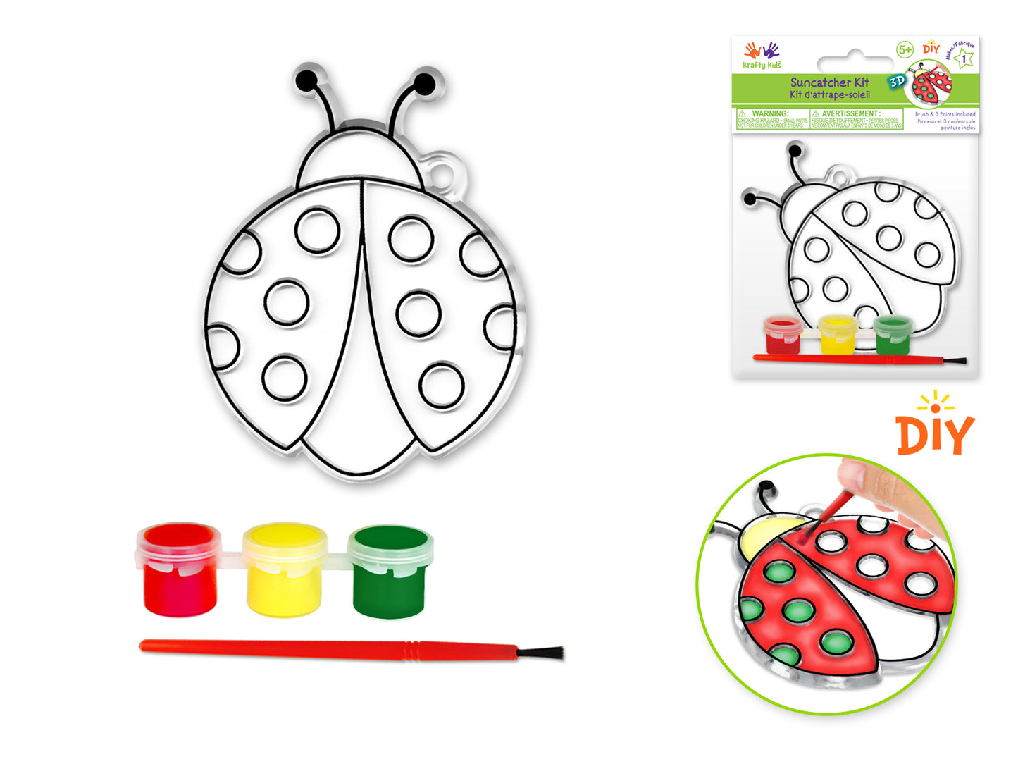 Krafty Kids Kit: 3D DIY 3.5"-4.3" Suncatcher w/3 Paints&Applicator F) Ladybug