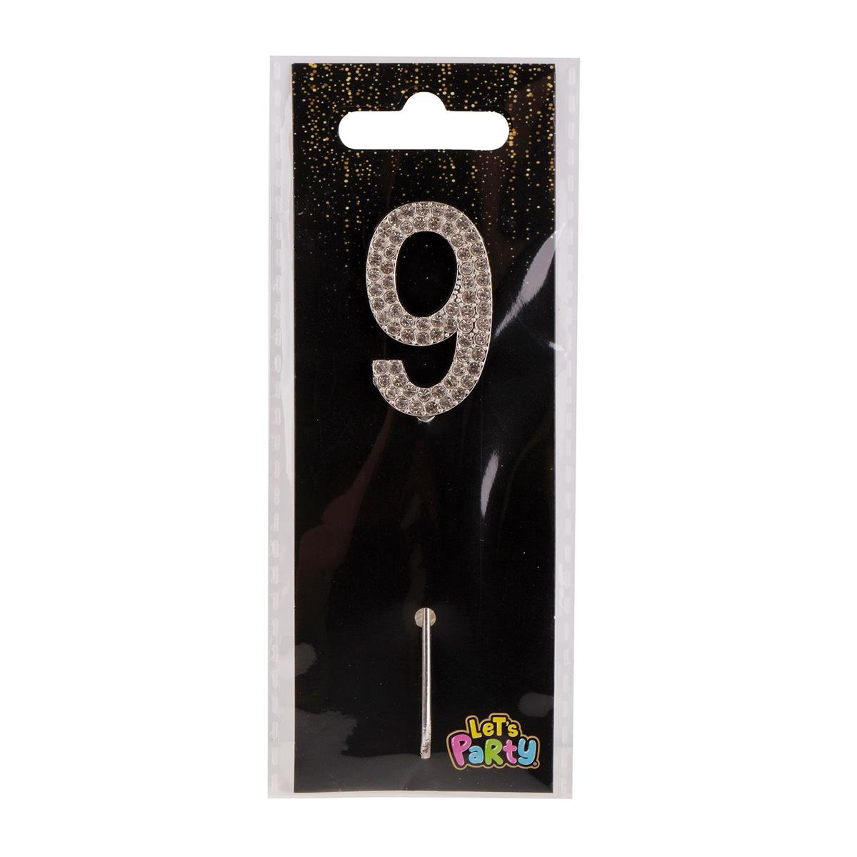 Let's Party #9 Rhinestone Numeral Cake Topper 4cm, silver