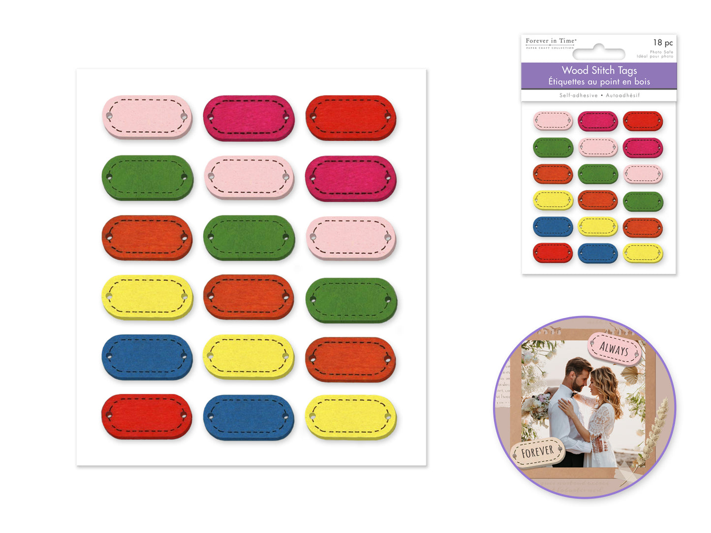 Paper Craft Sticker: 0.9"x0.4" 3D Wood Stitch Tags 18pc A) Pastel Blend