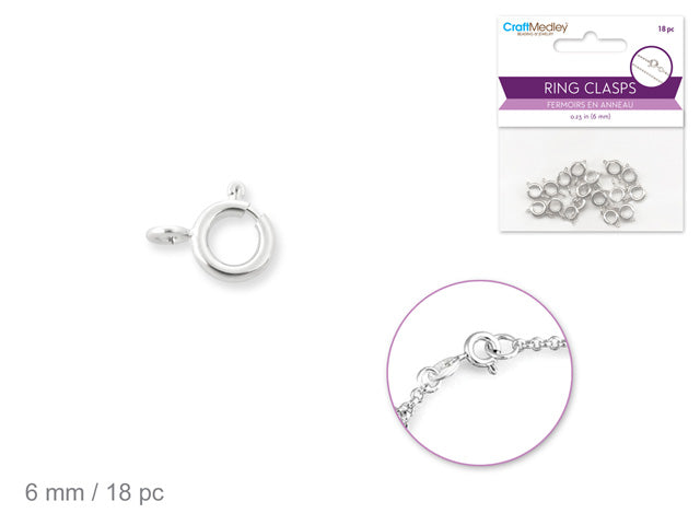 Jewelry Findings: 6mm Ring Clasp x18 w/Spring Silver