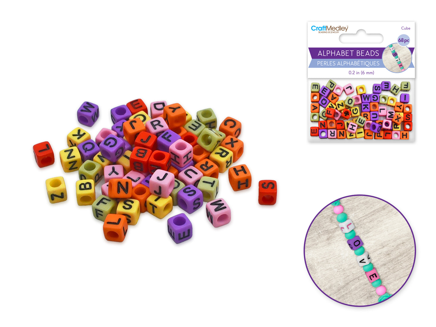 Alphabet Beads: 6mm Cube 68ct B) Multi Mix