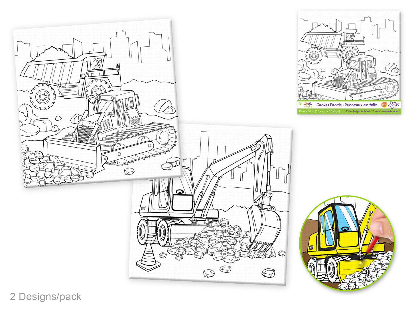 Krafty Kids: 10"x10" DIY Canvas Panels 2pc Asst Designs C) Mighty Machines