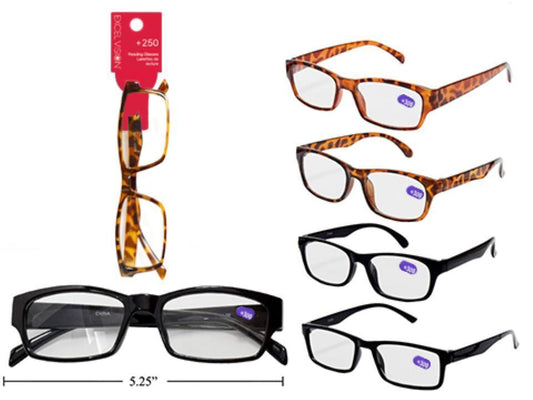 Excel Vision +250 Reading Glasses, 3 styles 2col, header card+opp bag