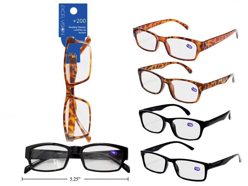 Excel Vision +200 Reading Glasses, 3 styles 2col, header card+opp bag