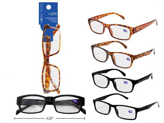 Excel Vision +200 Reading Glasses, 3 styles 2col, header card+opp bag