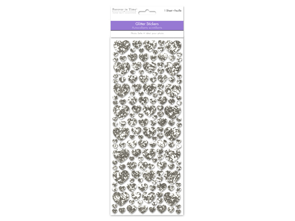 Paper Craft Sticker: 12.5cmx30.5cm Glitter Shapes D) Silver Hearts