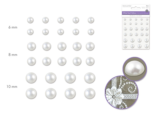 Paper Craft Embellishments: 6-10mm Pearl Halves x28 White Peel-n-Stick