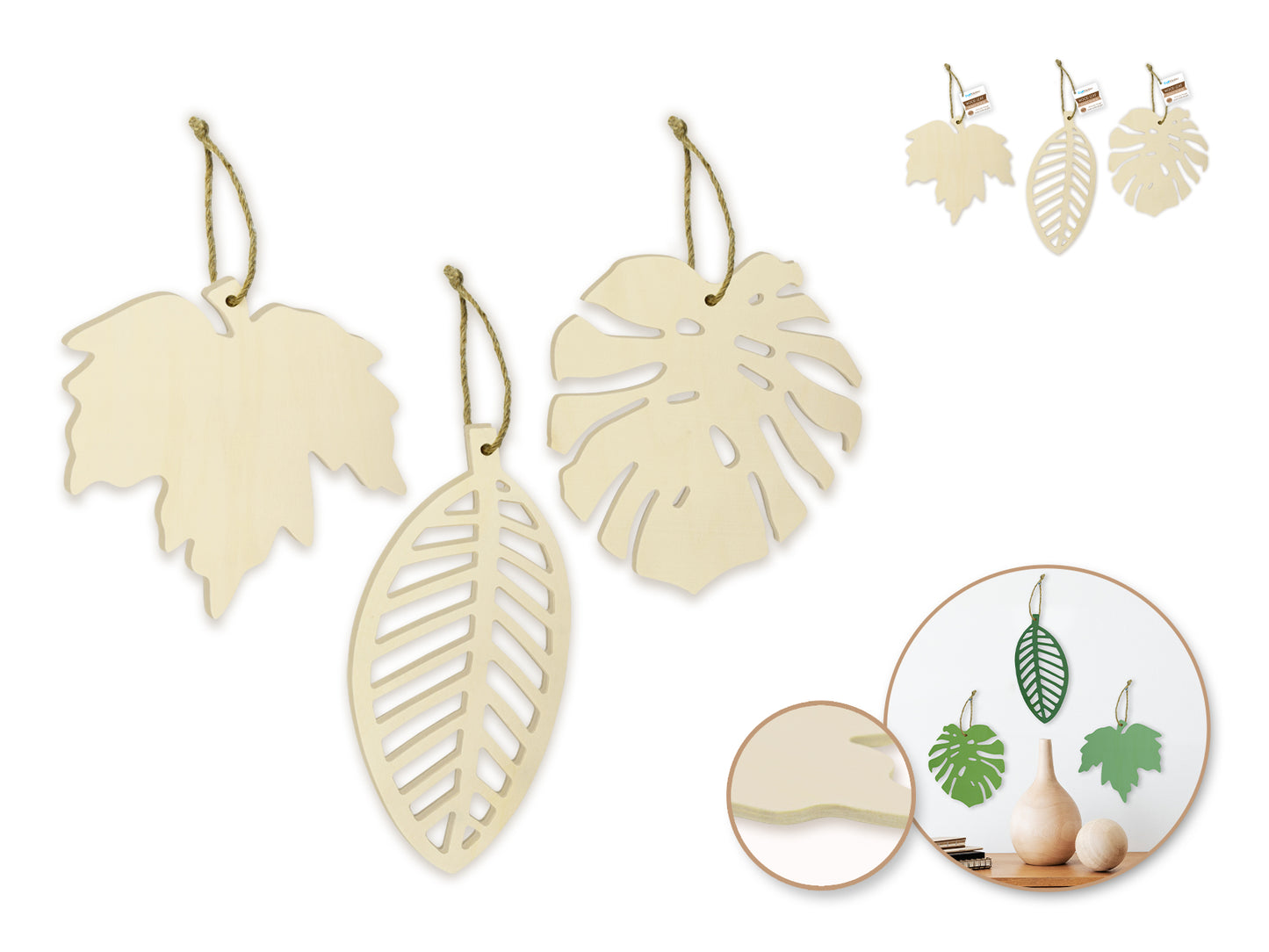 Wood Craft: DIY 7.9"x3.7" Leaf w/Jute Hanger Asst 12eax3stl 4mm(T)