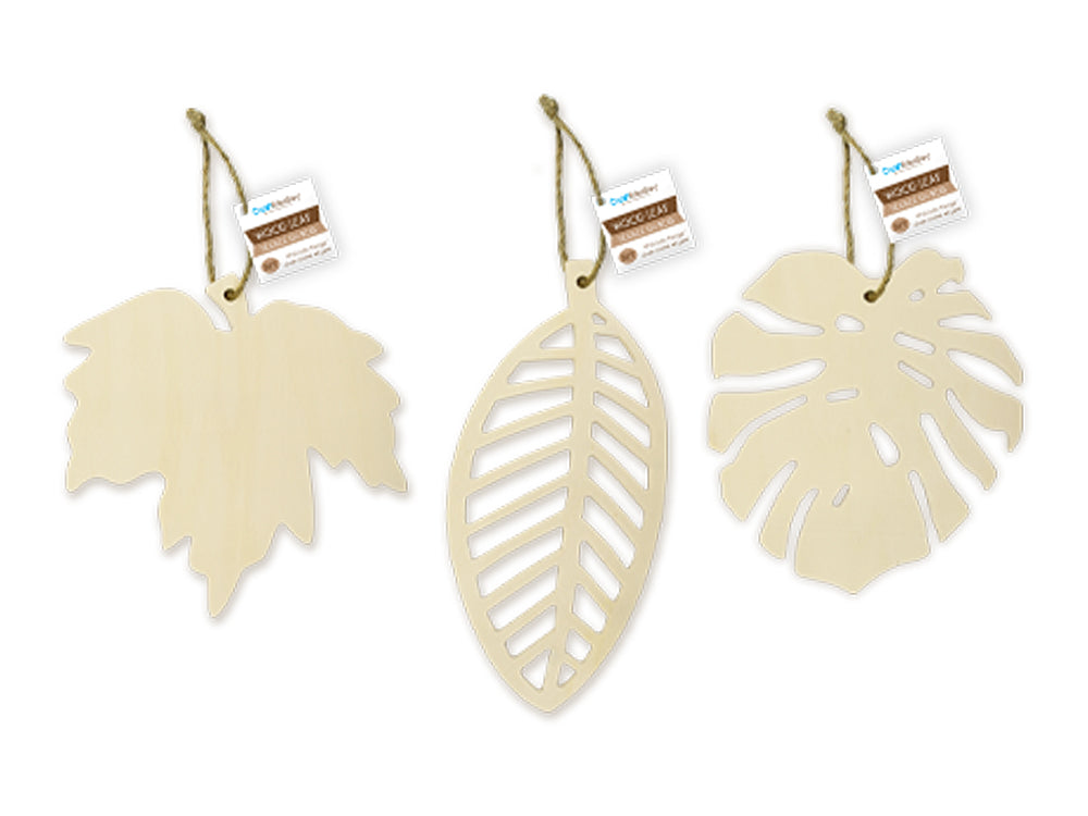 Wood Craft: DIY 7.9"x3.7" Leaf w/Jute Hanger Asst 12eax3stl 4mm(T)