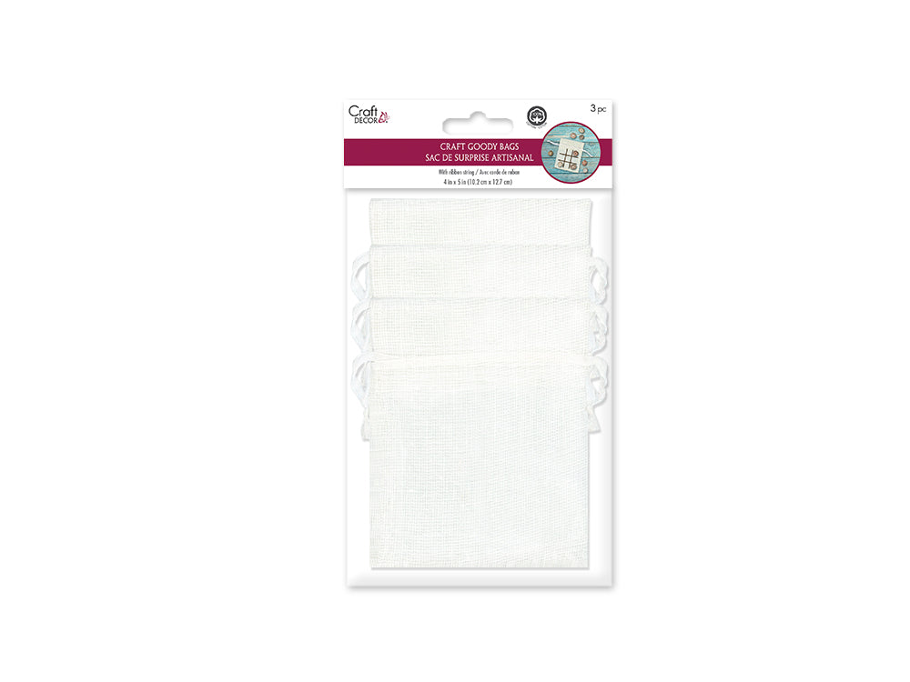 Craft Decor: 4"x5" Craft Goody Bags x3 Mesh Cotton w/Ribbon String A) White