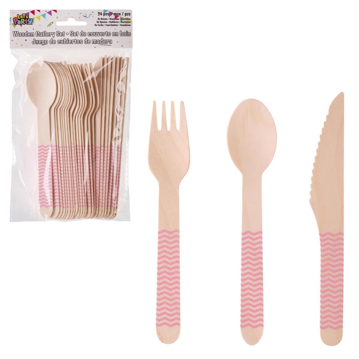 Let's Party 24pcs. Wooden Cutlery set. Baby Pink