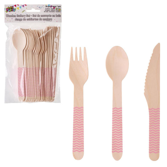 Let's Party 24pcs. Wooden Cutlery set. Baby Pink