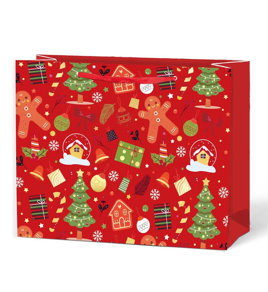 Paper T. Xmas Gift Bag, Red Xmas Icons, Horizontal Medium, Matte+HS, tag+j-hook 9"x7"3.9", 210gsm