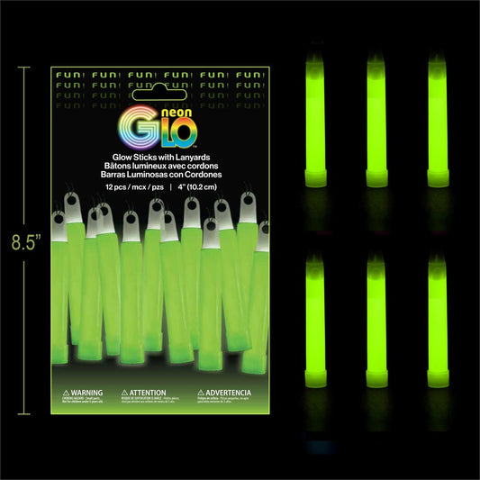 Neon Glo, Green, 12 packs 4" Glow Sticks with Lanyards, Foil Pack
