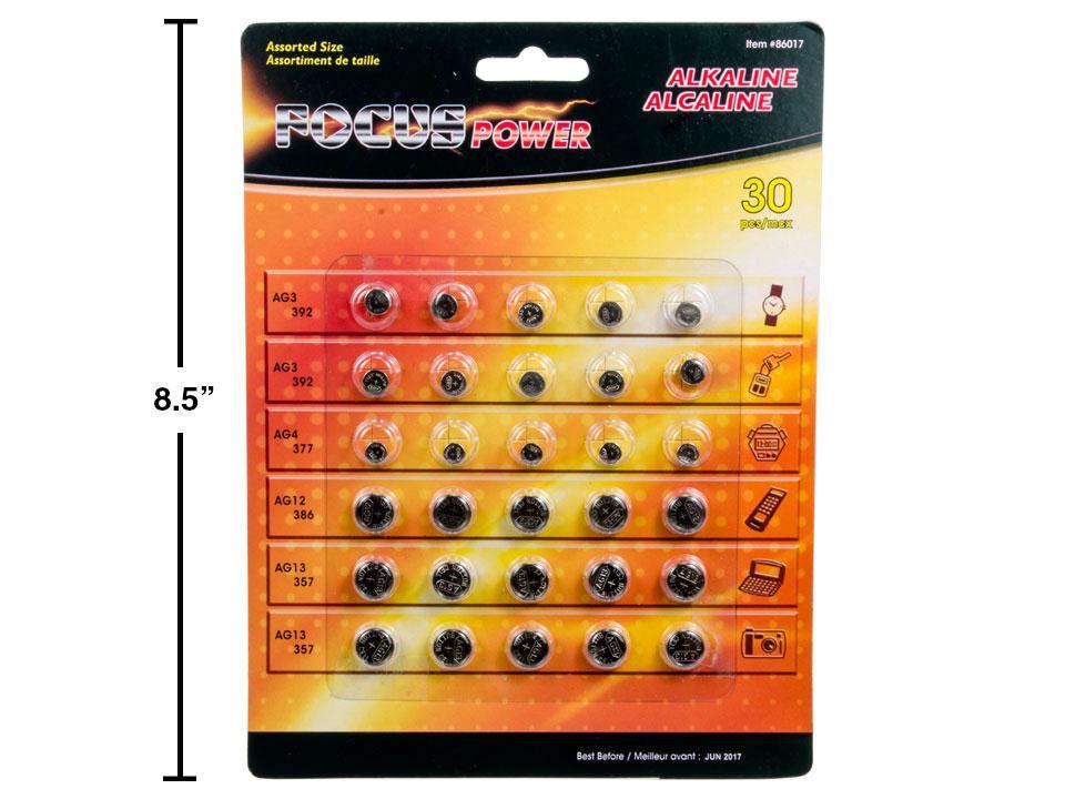 Focus Elect. 30-pc Button Batteries  Alkaline,  AG3/4/12/13,  b/c