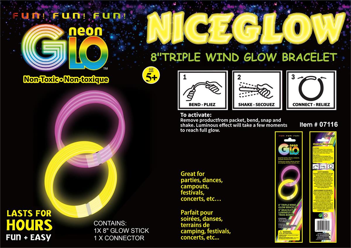 Neon Glo, Wide Stick  Bracelets, 6 Asst. Cols