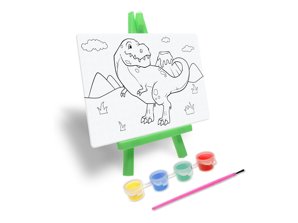 Krafty Kids Kit: 3.9"x5.9" DIY Canvas Panel on Easel w/4 Paint Pots+Brush D) Dino