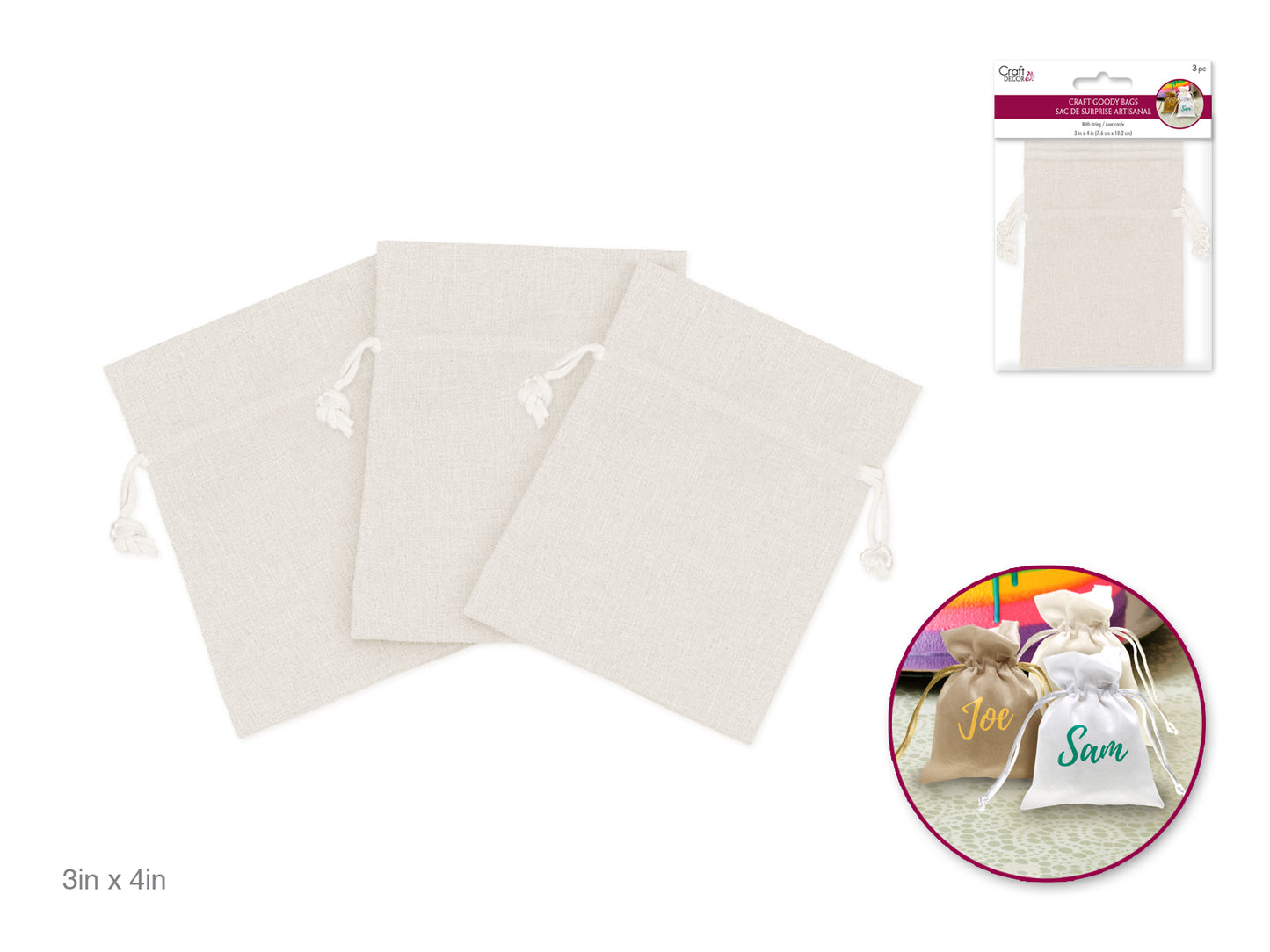 Craft Decor: 3"x4" Craft Goody Bags x3 Poly-Weave w/Rib String B) Cream